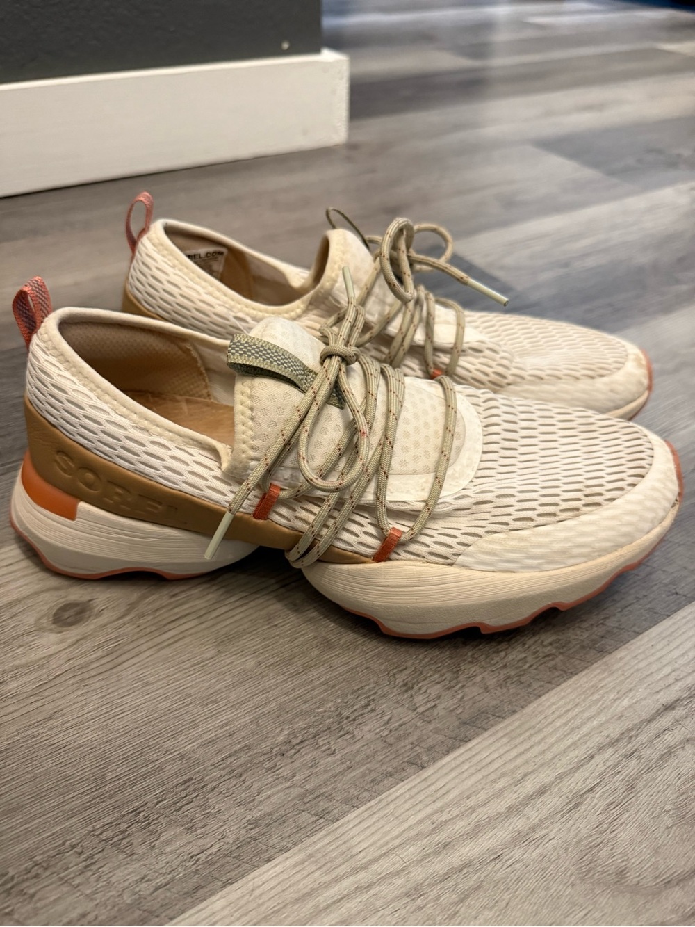 Sorel Women's Cream Slip-On Mesh Sneakers with Tan and Coral Accents